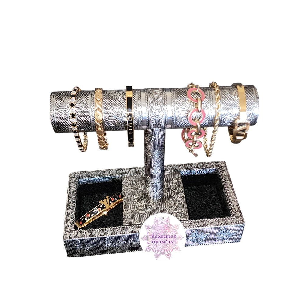 Silver Embossed Butterfly Jewelry Display Stand T-Bar Bracelet Holder Organizer